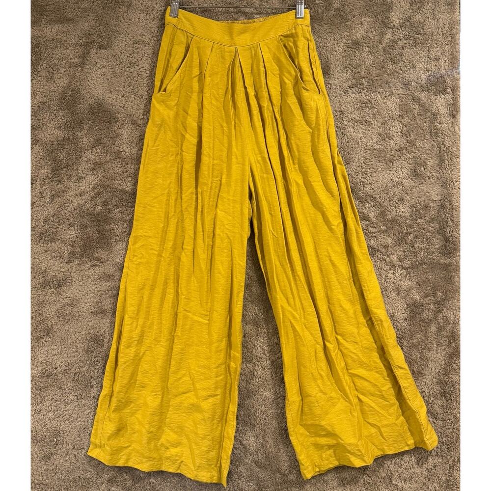 GLAM Mustard Yellow High Rise Wide Leg Pull On Pleated Palazzo Rayon Pants S